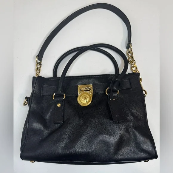 Michael Kors Hamilton Medium Saffiano Leather Handbag w Gold Rock Black - Picture 2 of 11
